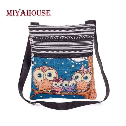 Miyahouse bordado coruja bolsa de ombro feminina dos desenhos animados impresso feminino saco do mensageiro bolsa feminina lona pequena bolsa crossbody