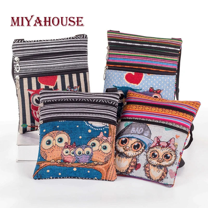 Miyahouse bordado coruja bolsa de ombro feminina dos desenhos animados impresso feminino saco do mensageiro bolsa feminina lona pequena bolsa crossbody