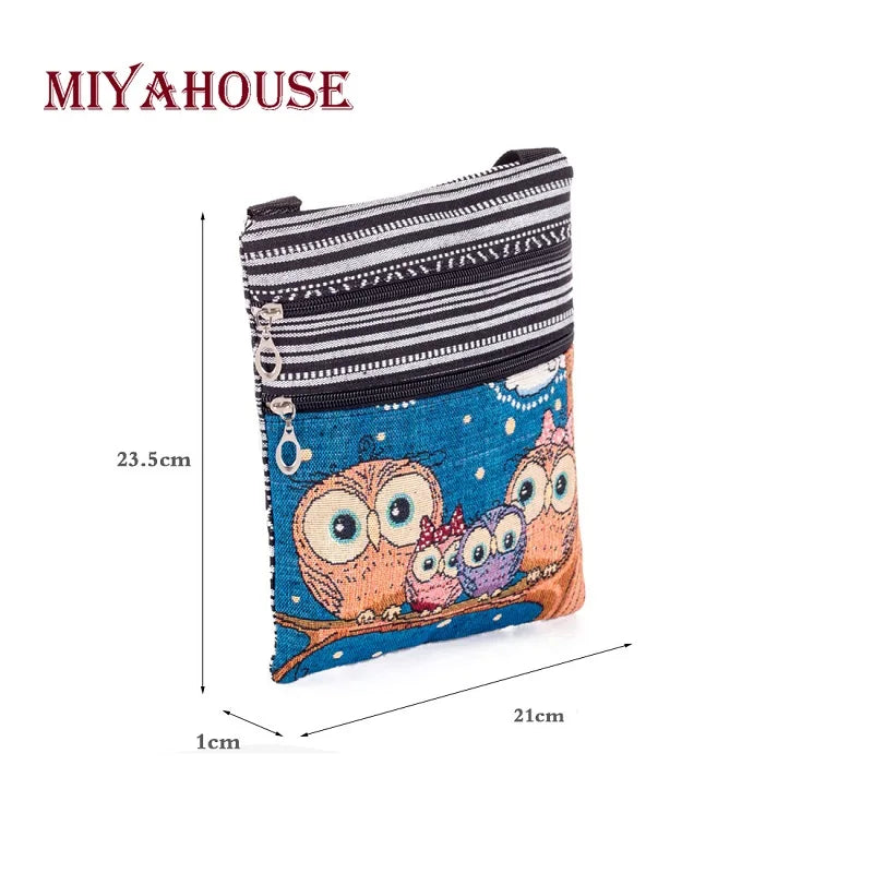 Miyahouse bordado coruja bolsa de ombro feminina dos desenhos animados impresso feminino saco do mensageiro bolsa feminina lona pequena bolsa crossbody