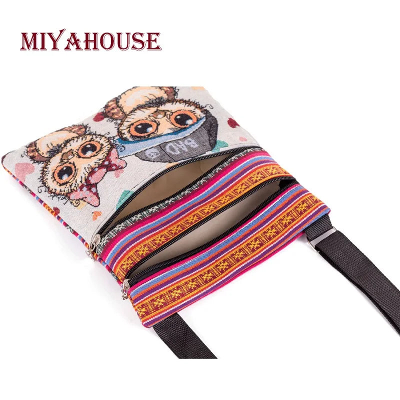 Miyahouse bordado coruja bolsa de ombro feminina dos desenhos animados impresso feminino saco do mensageiro bolsa feminina lona pequena bolsa crossbody