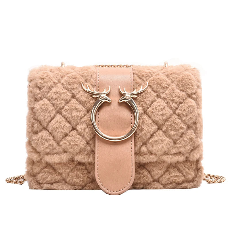 Feminino inverno macio de pelúcia pele designer bolsa veados bloqueio corrente bolsa ombro smessenger crossbody sacos para mulheres luxo bolsa 2021